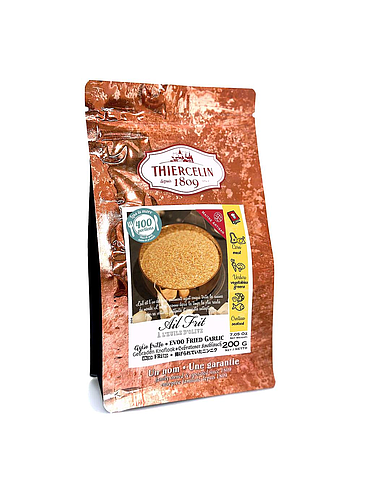 Ajo frito, en aceite de oliva y machacado, bolsa de 200 g con cierre hermético para mantener la frescura.