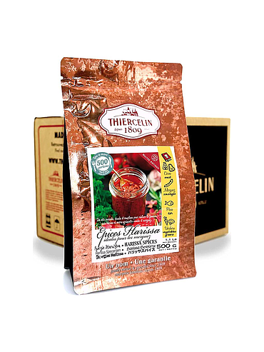 Especiarias para Harissa, mistura de especiarias em pó, embalagem com fecho hermético para manter a frescura, caixa com 12 saquetas de 500g.