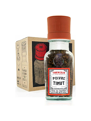 POIVRE TIMUT DU NÉPAL + GRINDER, baies, écrin en verre recyclé et son moulin en céramique, Carton de 6 x 30 g