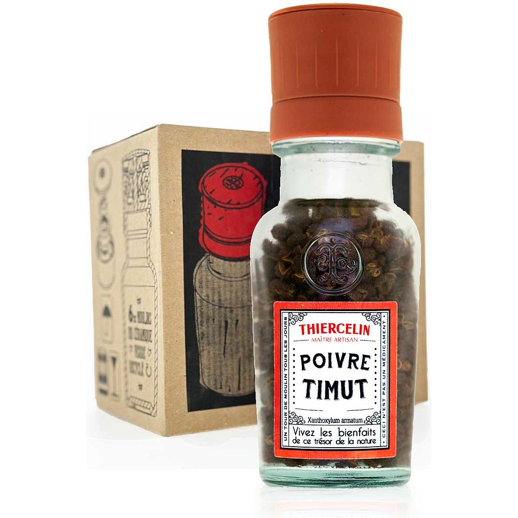 PIMIENTA TIMUT DE NEPAL + MOLINILLO, frutos secos (láminas), tarro de cristal reciclado y molinillo de cerámica, Caja de 6 x 30g