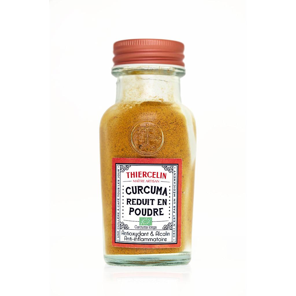 CÚRCUMA BIOLÓGICA, rizomas moídos, provenientes da agricultura biológica, caixa de vidro reciclado 65 g