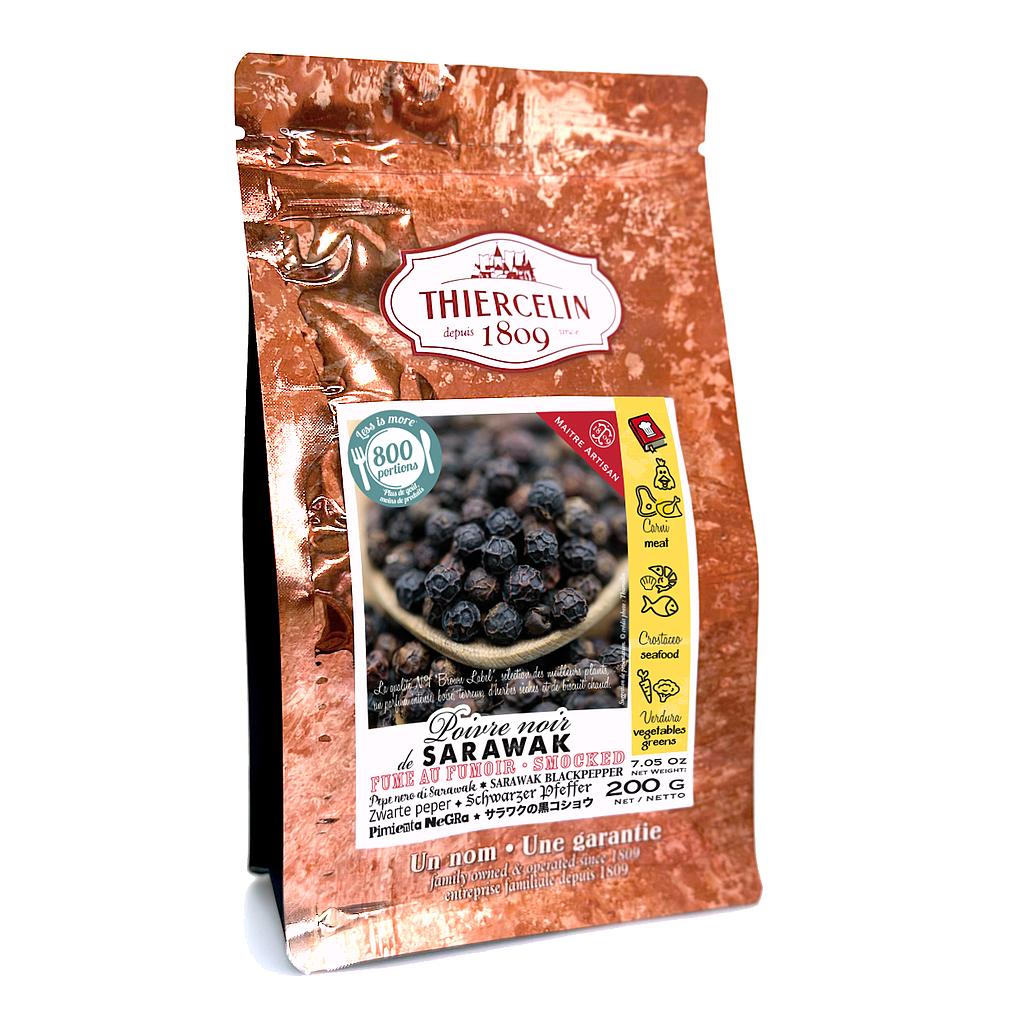 PIMIENTA NEGRA AHUMADA DE SARAWAK, granos ahumados, bolsa de frescura resellable 200g