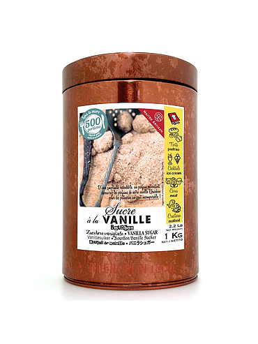 AÇÚCAR DE BAUNILHA BOURBON, de Madagáscar, 6%, aroma natural, caixa metálica de 1 kg