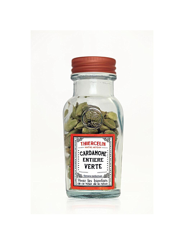 CARDAMOMO VERDE, cápsulas inteiras, caixa em vidro reciclado 45 g