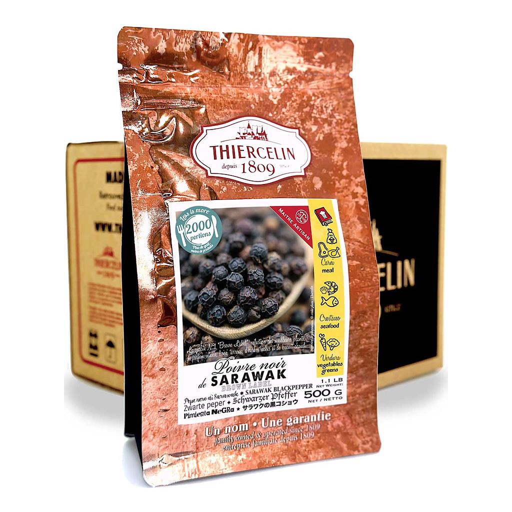 Pimenta preta de Kerala, frutos secos (drupas), embalagem com fecho hermético para manter a frescura, caixa com 12 unidades de 500g