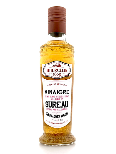 VLIERBLOESEMAZIJN, natuurlijk gearomatiseerde witte wijnazijn, fles met geïntegreerde schenktuit, 25 cl