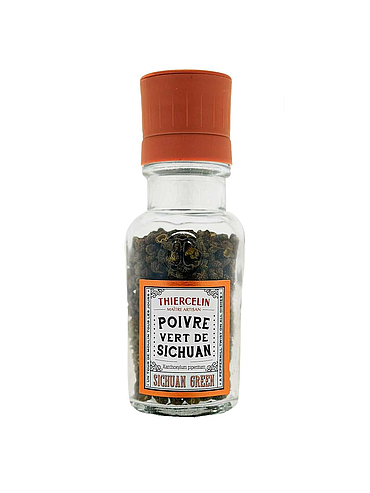 PIMIENTA VERDE DE SICHUAN + MOLINO, frutas secas (foliculos), estuche de vidrio reciclado y molinillo de cerámica 25 g 
