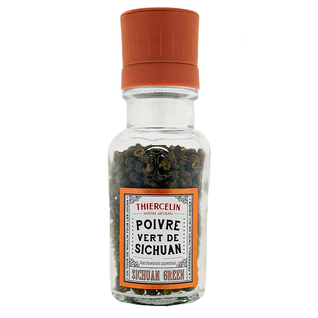 Groene Sichuanpeper + pepermolen, gedroogde vrucht (peperzakjes), gerecyclede glazen pot en keramische pepermolen, 25 g