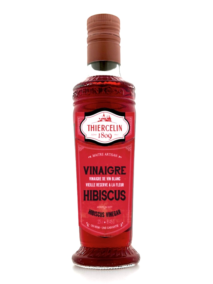 HIBISCUS BLOEMAZIJN, natuurlijk gearomatiseerde witte wijnazijn, fles met geïntegreerde schenktuit, 25 cl