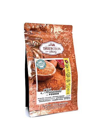 Noz-moscada, nozes moídas, embalagem de 500g com fecho hermético para manter a frescura.