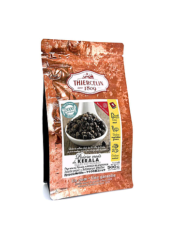 Pimienta negra de Kerala, frutos secos (drupas), bolsa resellable para conservar la frescura, 500 g.
