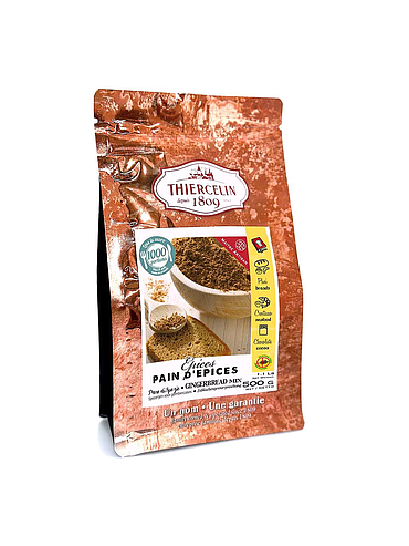 TEMPEROS PARA PÃO DE GENGIBRE, mistura de especiarias em pó, embalagem de 500g com fecho hermético para manter a frescura.