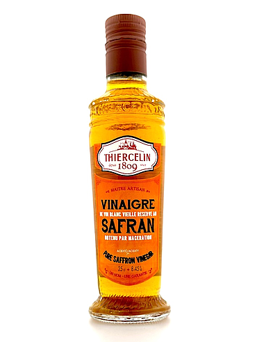 SAFFRAANAZIJN, natuurlijk gearomatiseerde witte wijnazijn, fles met geïntegreerde schenktuit, 25 cl