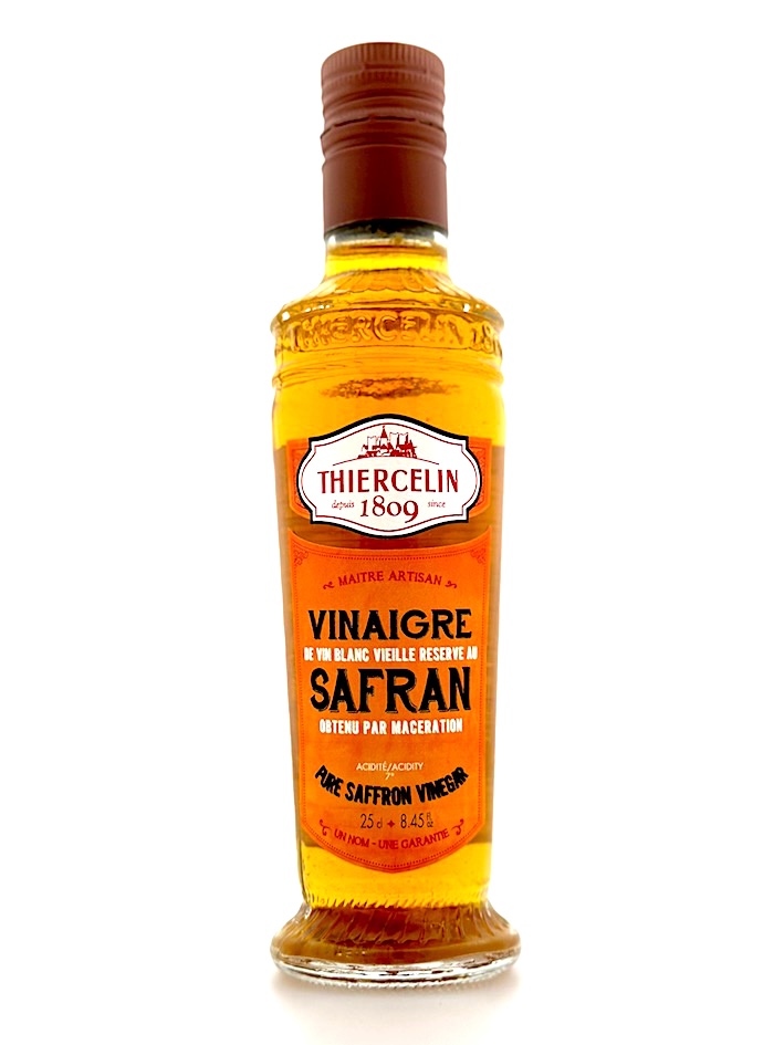 SAFFRAANAZIJN, natuurlijk gearomatiseerde witte wijnazijn, fles met geïntegreerde schenktuit, 25 cl