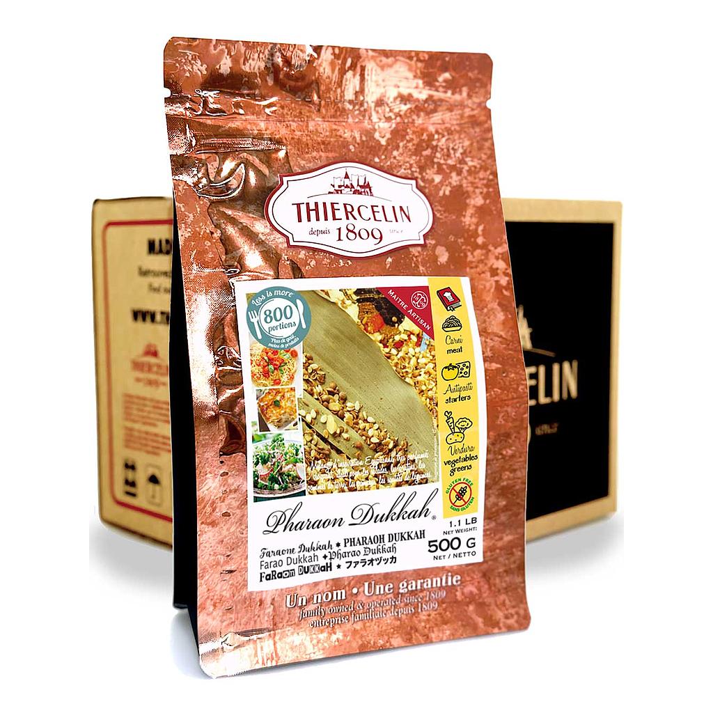 PHARAON DUKKAH®, gemalen kruidenmengsel, hersluitbare vershoudzak, doos van 12 x 500 g