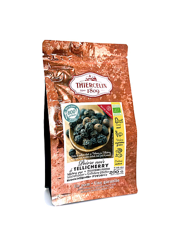 POIVRE NOIR DE TELLICHERRY BIO, grains, issu de l'agriculture biologique, sachet fraîcheur refermable 200 g