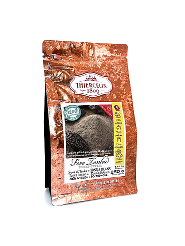 Fava tonka moída em pó, embalagem de 250g com fecho hermético para manter a frescura.