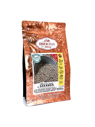 SARAWAK ZWARTE PEPER, gemalen mignonette, hersluitbare vershoudzak 500 g