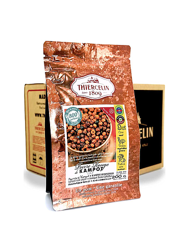 Kampot rode peper, gedroogd fruit (steenvruchten), hersluitbare vershoudzak, doos van 12 x 200 g