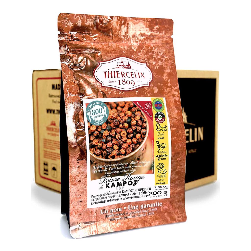 Kampot röd Peper, torkad frukt (drupes), återförslutningsbar färskhetspåse, kartong med 12 x 200 g
