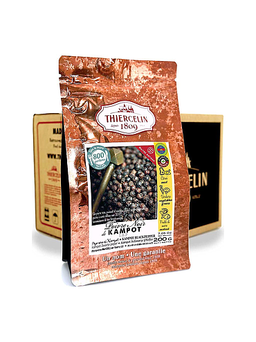KAMPOT BLACK PEPPERCORNS, whole fruits, resealable zip bag, Carton of 12 x 200 g