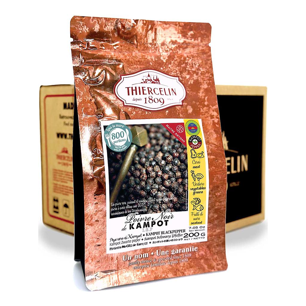Kampot zwarte peper, gedroogde peperkorrels, hersluitbare zak, doos van 12 x 200 g