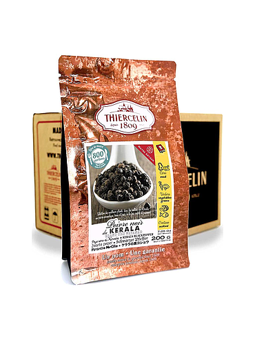 KERALA BLACK PEPPERCORNS, whole fruits, resealable zip bag, Carton of 12 x 200 g