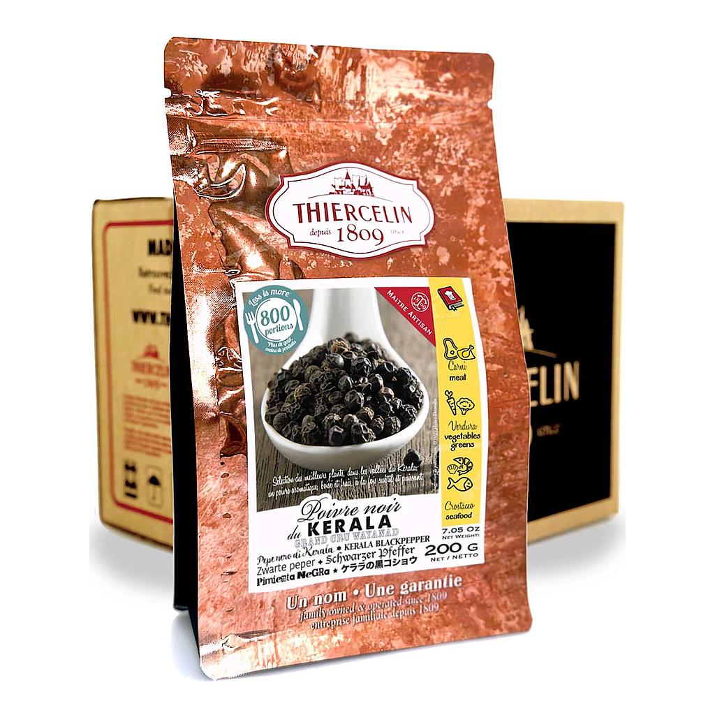 Kerala svartpeppar, torkad frukt (pepparkorn), återförslutningsbar färskhetspåse, kartong med 12 x 200 g