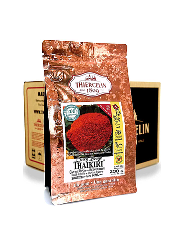 Caril vermelho THAIKIRI®, mistura de especiarias, embalagem com fecho hermético para manter a frescura, caixa com 12 saquetas de 200g.