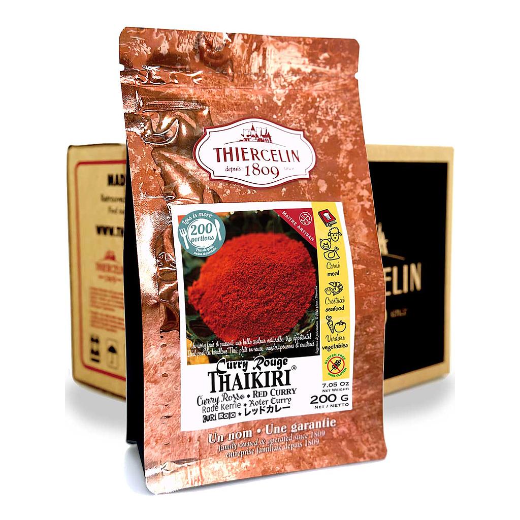 Caril vermelho THAIKIRI®, mistura de especiarias, embalagem com fecho hermético para manter a frescura, caixa com 12 saquetas de 200g.