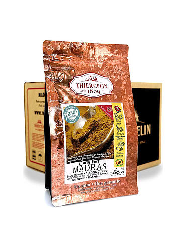 Caril picante de Madras, mistura de especiarias em pó, embalagem com fecho hermético para manter a frescura, caixa com 12 saquetas de 500g.