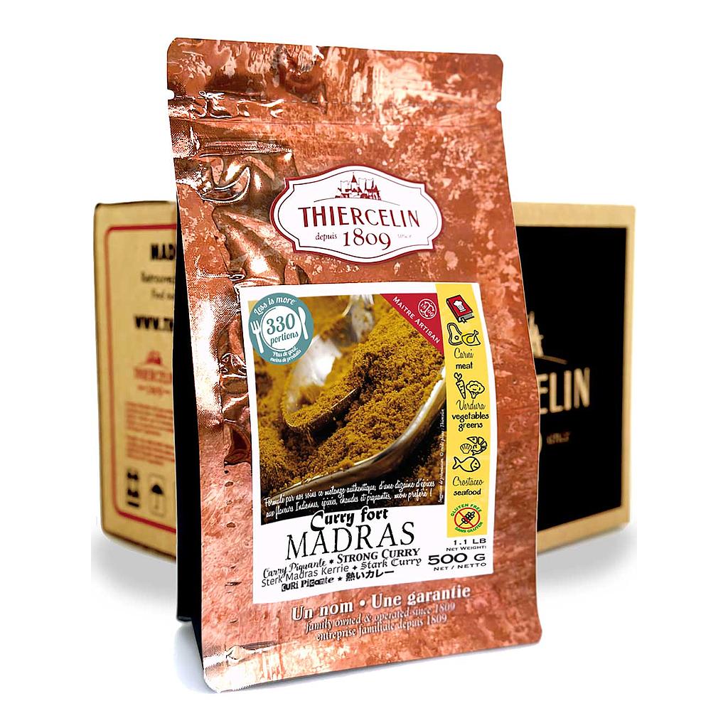 CURRY PIQUANTE MADRAS, mezcla de especias en polvo, sobre fresco resellable, Caja de 12 x 500 g 