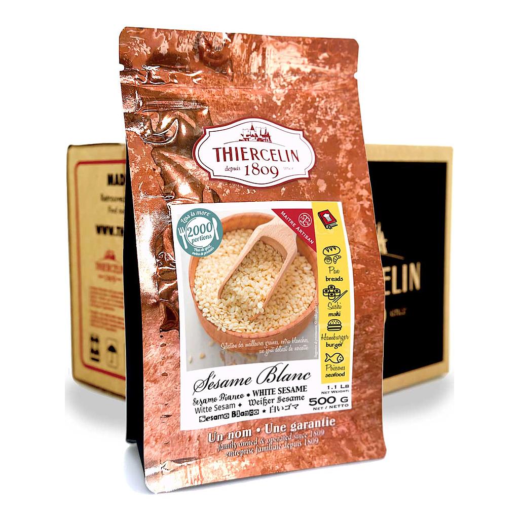 Sementes de sésamo branco, embalagem com fecho hermético para manter a frescura, caixa com 12 pacotes de 500g.