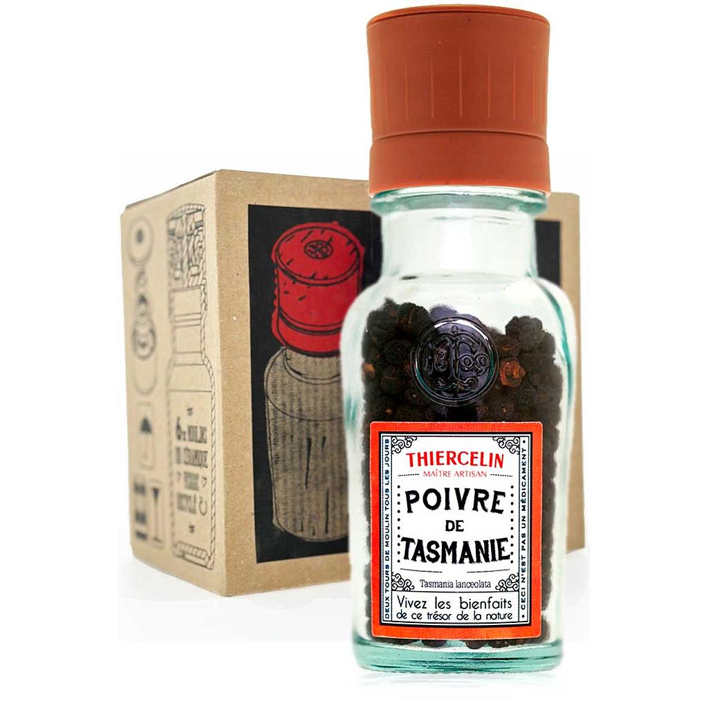 Pimenta da Tasmânia + Moinho, frutos secos (bagas), frasco de vidro reciclado e moinho de cerâmica, caixa com 6 unidades de 40g