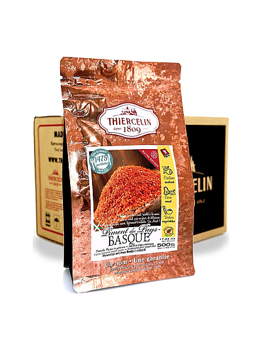 Pimenta Basca em pó (França), embalagem com fecho hermético para manter a frescura, caixa com 12 saquetas de 500g.