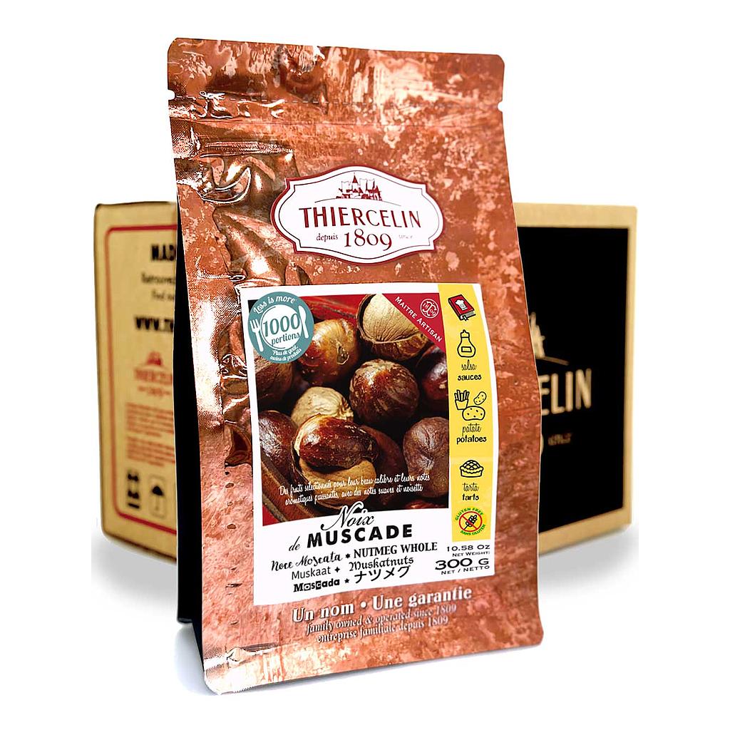Muskatnuss, ganze, geschälte Nüsse, wiederverschließbarer Frischebeutel, Karton mit 12 x 300 g