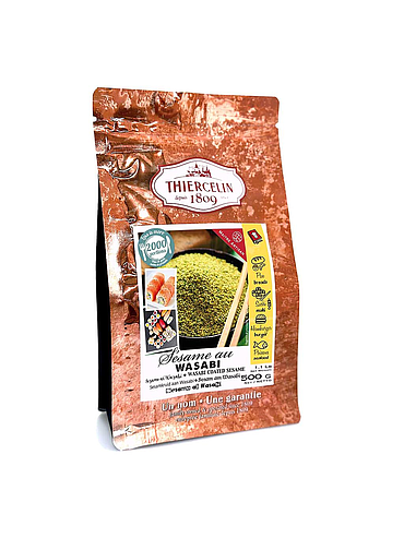 WASABI COATED SESAME, toasted and spiced up seeds, reclosable zip bag, 500 g 