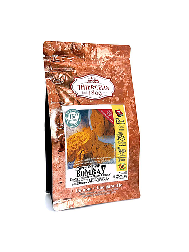 Curry Bombay medio, miscela di spezie in polvere, 500 g, busta richiudibile per preservarne la freschezza.