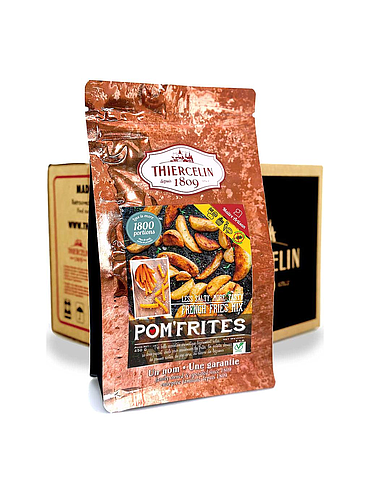 POM’ FRITES®, tempero em pó, embalagem com fecho hermético para manter a frescura, caixa com 12 saquetas de 450g