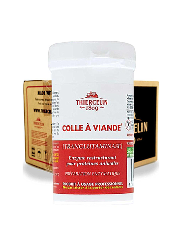 COLLE À VIANDE®, poudre transglutaminaze, pot plastique blanc, Carton de 12 x 50 g