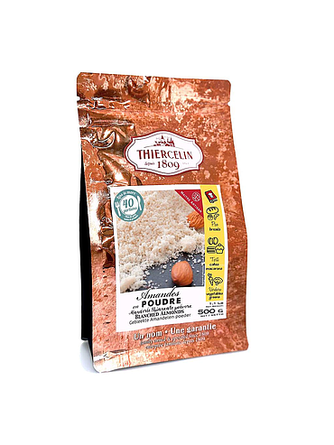 Mandorle tritate, mandorle pelate ridotte in polvere, 500 g, sacchetto richiudibile per preservarne la freschezza.