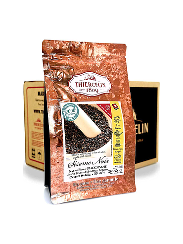 Sementes de sésamo preto, embalagem com fecho hermético para manter a frescura, caixa com 12 pacotes de 500g.