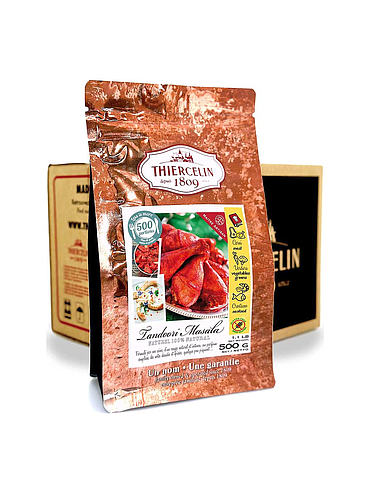 TANDOORI MASALA, mistura de especiarias em pó, embalagem com fecho hermético para manter a frescura, caixa com 12 saquetas de 500g.